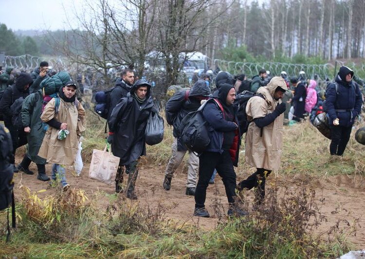 UNHCR alarmed by migrants at Poland-Belarus border 1 - Egyptian Gazette Migrants gather near a barbed wire fence in an attempt to cross the border with Poland in the Grodno region, Belarus November 8, 2021. Leonid Scheglov/BelTA/Handout via REUTERS