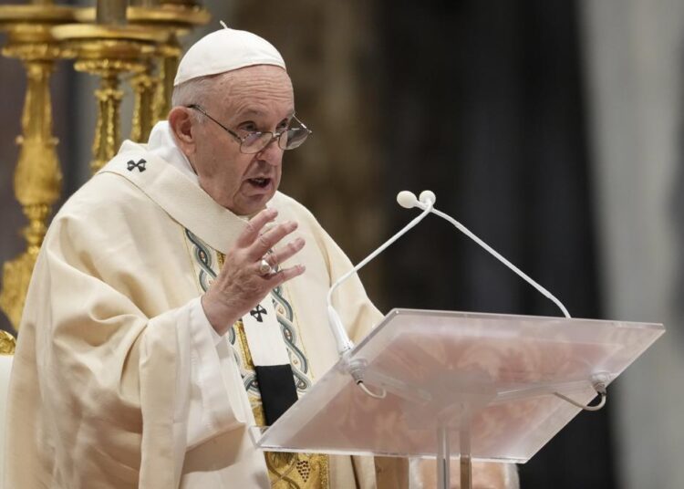 Pope to young people: We need you to protect environment 1 - Egyptian Gazette Pope Francis delivers his speech as he celebrates Mass on the occasion of the Christ the King festivity, in St. Peter's Basilica at the Vatican, Sunday, Nov. 21, 2021.