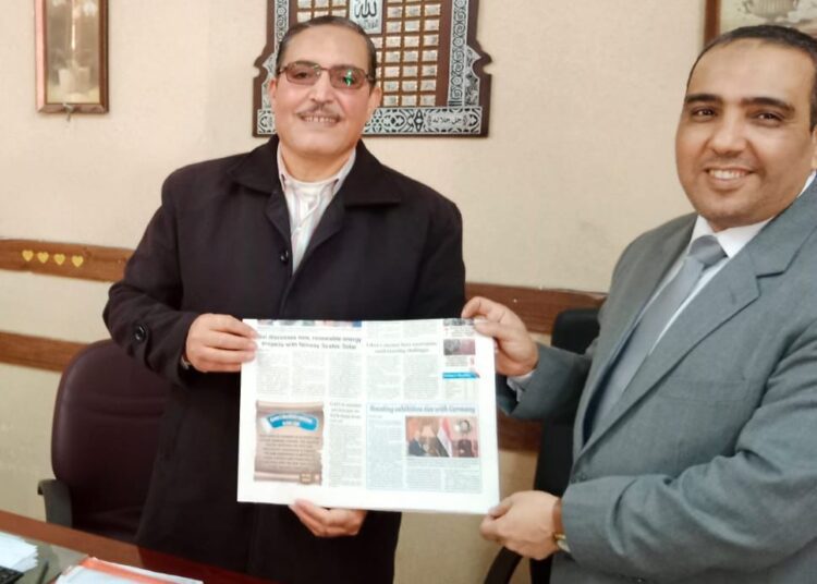 Karam Abdallah (R), Head of the Teachers Syndicate in New Cairo and Ashraf Al-Sheikh, Director of Preparatory and Secondary Education in New Cairo being pictured with The Egyptian Gazette with the 1st Educational Supplement issued on Thursday.