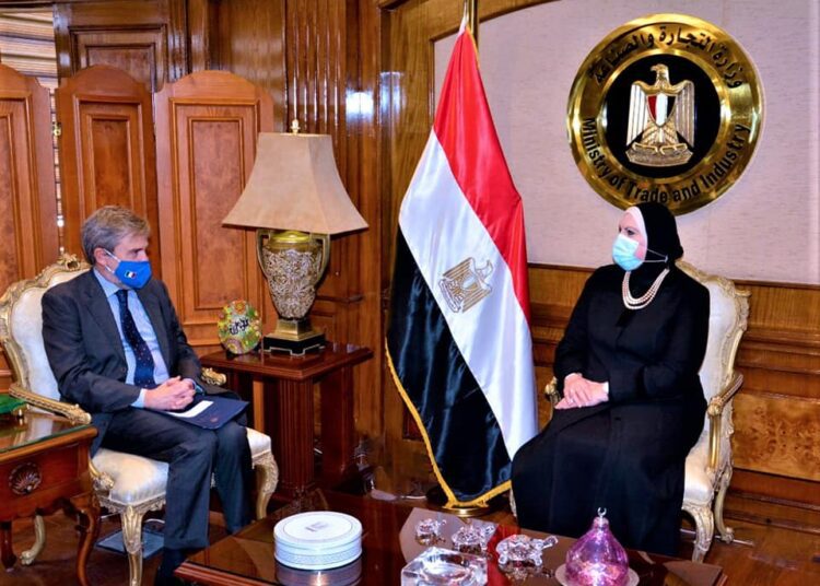 Egyptian Trade and Industry Minister Nevine Gamea during meeting with Italian Ambassador in Cairo Michele Quaroni
