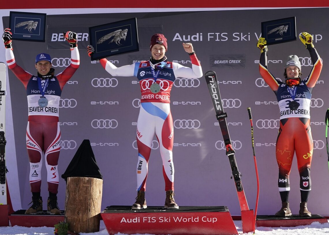 Odermatt wins first super-G of World Cup season 1 - Egyptian Gazette First-place finisher Switzerland's Marco Odermatt (C) celebrates while posing on the podium beside second-place finisher Austria's Matthias Mayer (L) and third-place finisher Canada's Broderick Thompson after a men's World Cup super-G skiing race.