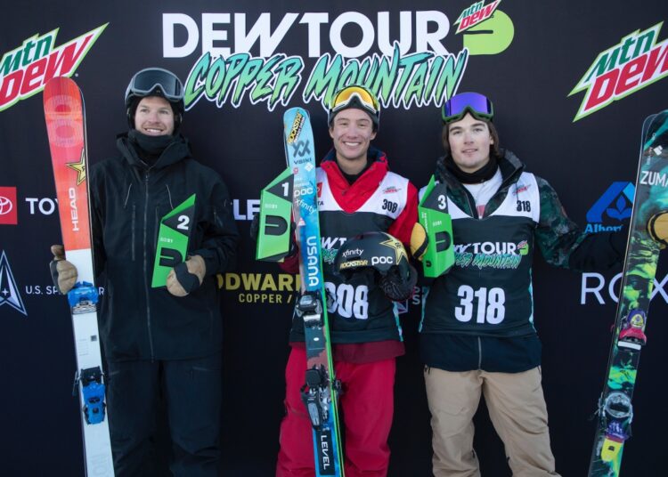 From Left: Aaron Blunk of the United States, second place, Alex Ferreira, of the United States, first place, and Brendan Mackay, Canada, placing third, stand on the podium for the half pipe finals, during the Dew Tour freestyle skiing event at Copper Mountain, Colorado.