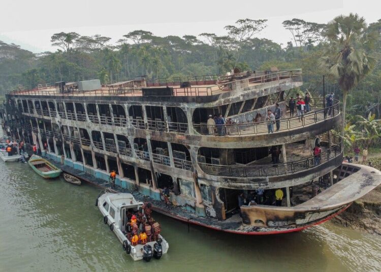 Firefighters and coast guard personnel working Friday at the scene of the ferry disaster near the town of Jhalakathi, Bangladesh