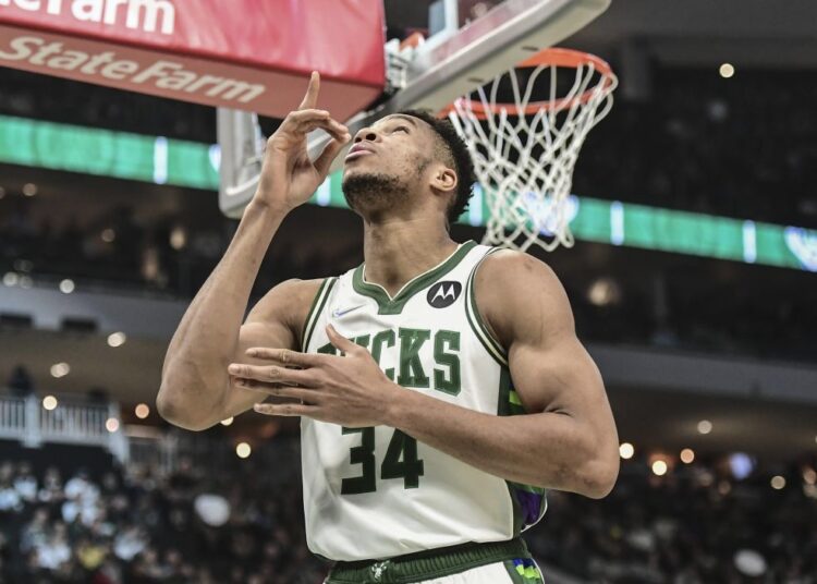 Milwaukee Bucks forward Giannis Antetokounmpo (34) gets ready before the game against the Charlotte Hornets at Fiserv Forum, Milwaukee.