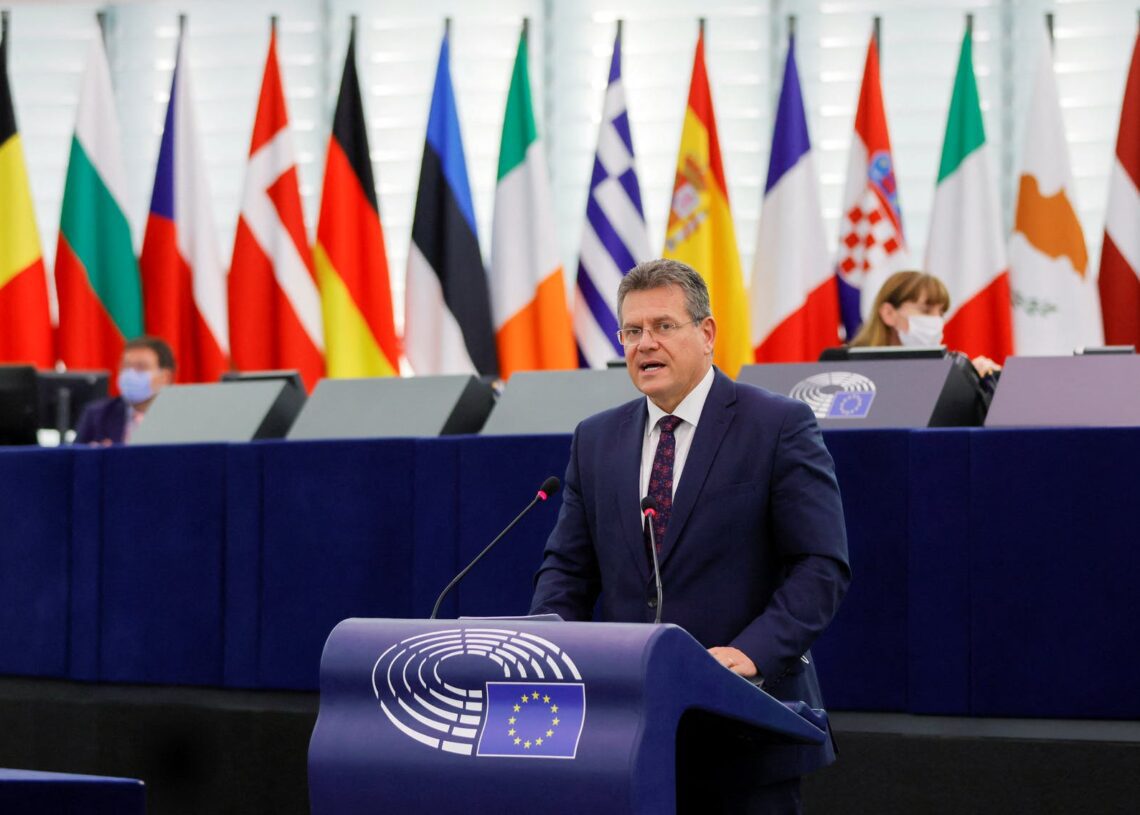European Union Commission Vice President Maros Sefcovic delivers a speech on Poland's challenge to the supremacy of EU laws at the European Parliament in Strasbourg, France, October 19, 2021. Ronald Wittek/Pool via REUTERS