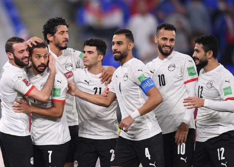 Egypt's players celebrate their fourth goal during the 2021 FIFA Arab Cup Group D match against Sudan at the 974 Stadium.