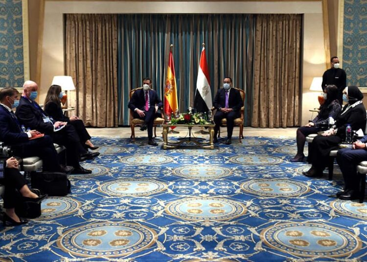 Prime Minister Moustafa Madbouli addressing the Egyptian-Spanish businessmen forum in the presence of Spanish Prime Minister Pedro Sánchez and his accompanying delegation.