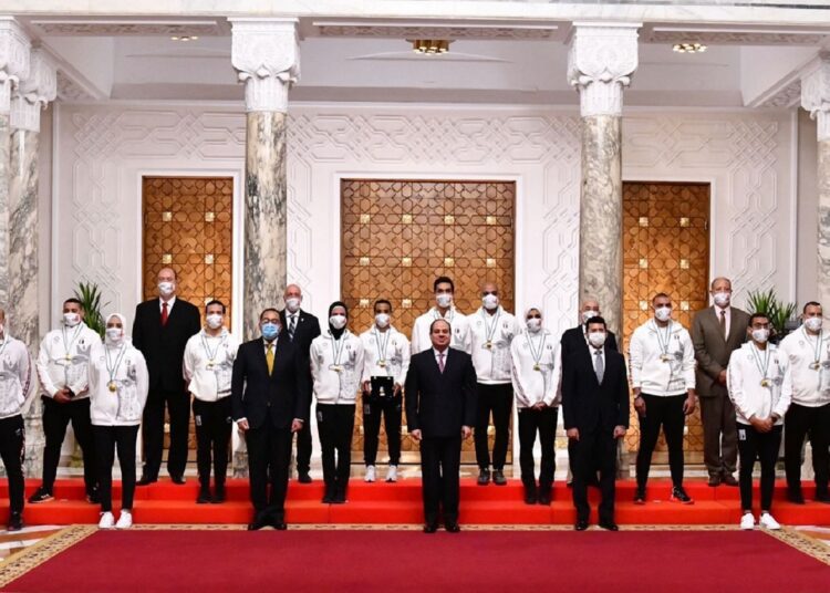 Egypt’s President Abdel Fattah El Sisi honours Egyptian athletes who won medals during the Tokyo 2020 Olympics.