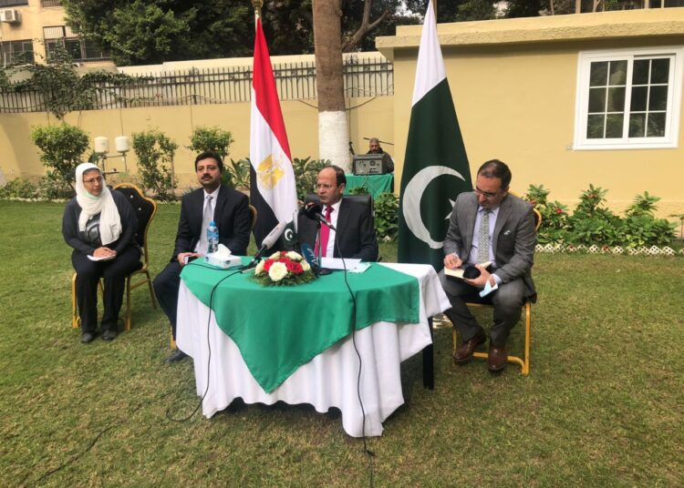 Sajid Bilal, Pakistani Ambassador to Egypt, during a press briefing in the embassy in Cairo.
