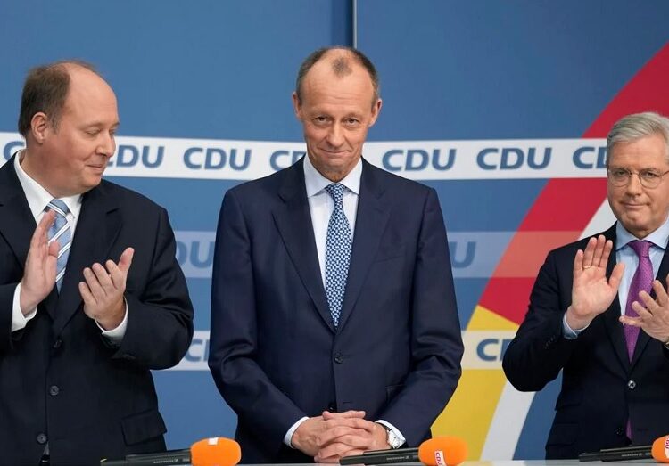 Merkel's party chooses conservative Merz as leader 1 - Egyptian Gazette From left, candidate Helge Braun, new elected party chairman Friedrich Merz and candidate Norbert Roettgen, attend a press conference of the German Christian Democratic Party (CDU) at the party's headquarters in Berlin, to announce the results of a ballot on who will become its new leader.
