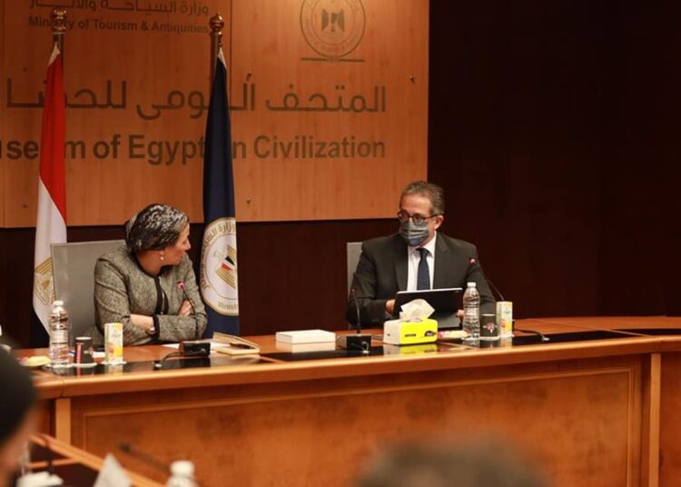 Minister of Tourism and Antiquities Khaled al-Anani and Minister of Environment, Yasmin Fouad during their meeting on Tuesday to discuss preparations and arrangements for visitors at the UN Climate Change Conference 2022 (COP27).