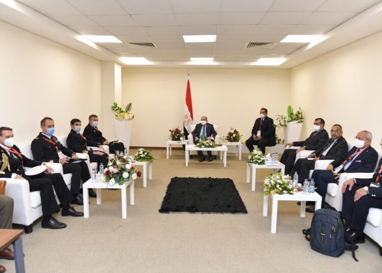Egypt's Minister of State for Military Production Mohamed Ahmed Morsi during his meeting with Dario Giacomin, the Italian Assistant Minister of Defense for Armaments Affairs, and his accompanying delegation.  (Photo courtesy of the Egyptian Ministry of Military Production ’s official Facebook page)