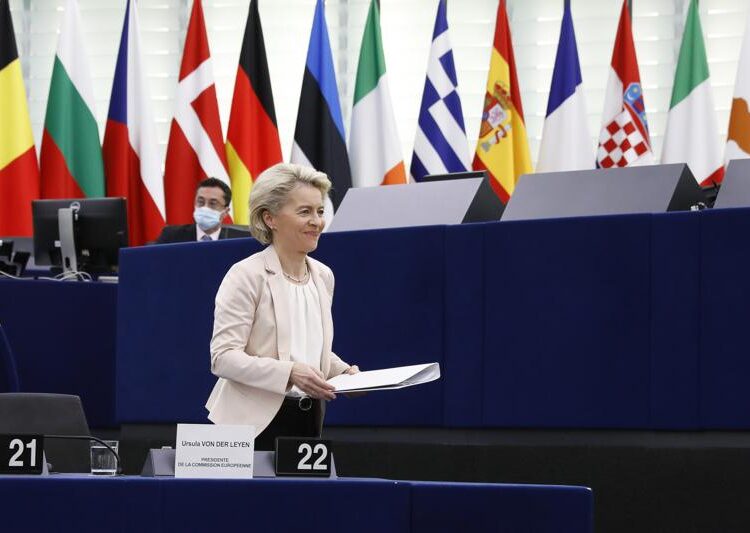 European Commission President Ursula von der Leyen arrives to deliver a speech during a plenary session at the European Parliament in Strasbourg, eastern France, Wednesday, Dec. 15, 2021. European Commission President Ursula von der Leyen says that omicron is expected to be the dominant coronavirus variant in the 27-nation bloc by mid-January.