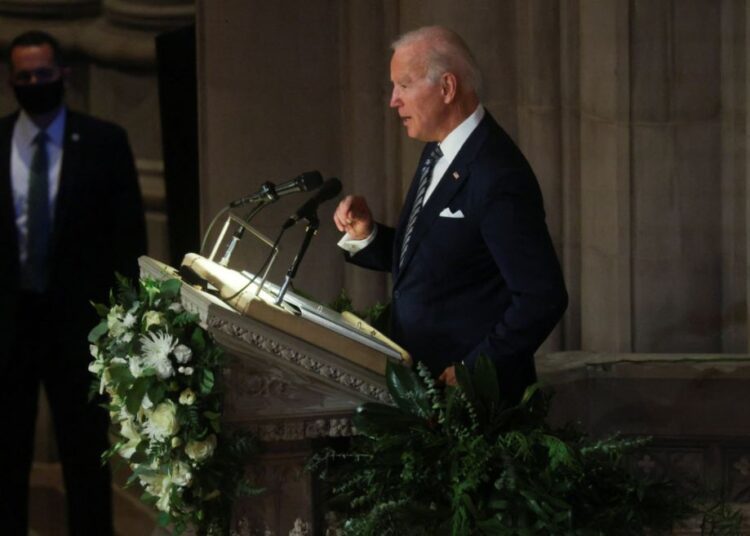 Biden highlights concerns for US democracy in tribute to Senator Bob Dole 1 - Egyptian Gazette US President Joe Biden speaks during a private memorial service honouring the life of the late Senate Majority Leader Bob Dole (R-KS) at the Washington National Cathedral in Washington, yesterday.