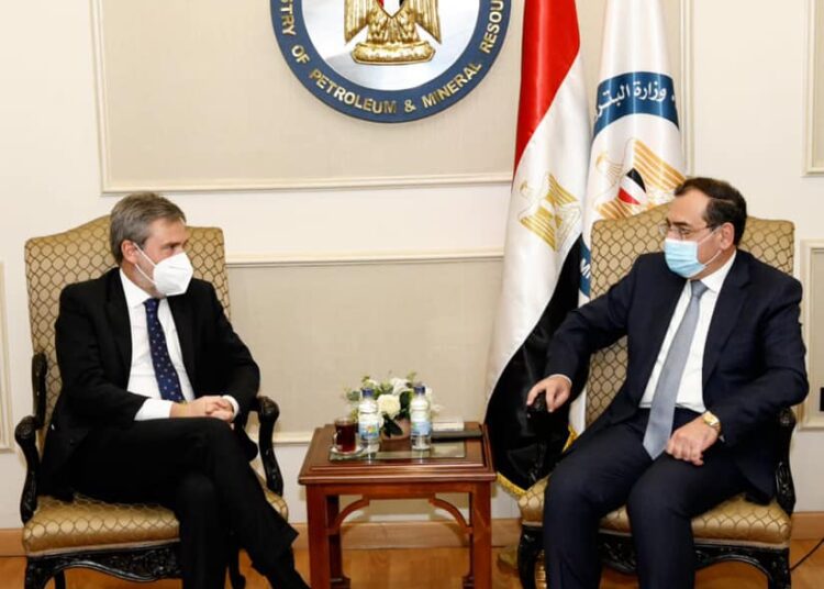 Petroleum and Mineral Resources Minister Tareq el- Mulla during his talks with Italian Ambassador to Egypt Michele Quaroni on boosting bilateral co-operation in the oil and gas sector.