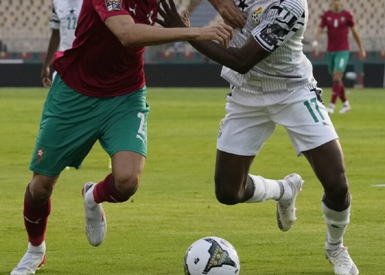 Achraf Hakimi of Morocco (L) during Ghana against Morocco, African Cup of Nations, at Ahmadou Ahidjo Stadium on January 10, 2022.