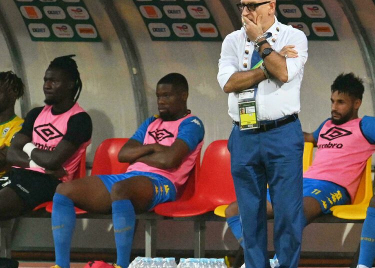 Gabon coach Patrice Neveu on the touchline during his side s AFCON last-16 tie against Burkina Faso.