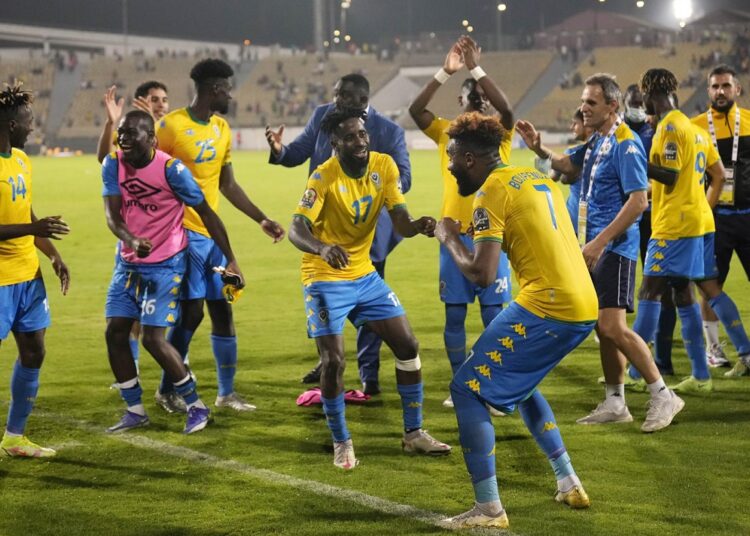 Gabon players celebrate at the end of the African Cup of Nations 2021 Group C match against Ghana in Yaounde, Cameroon on Jan. 14, 2022.