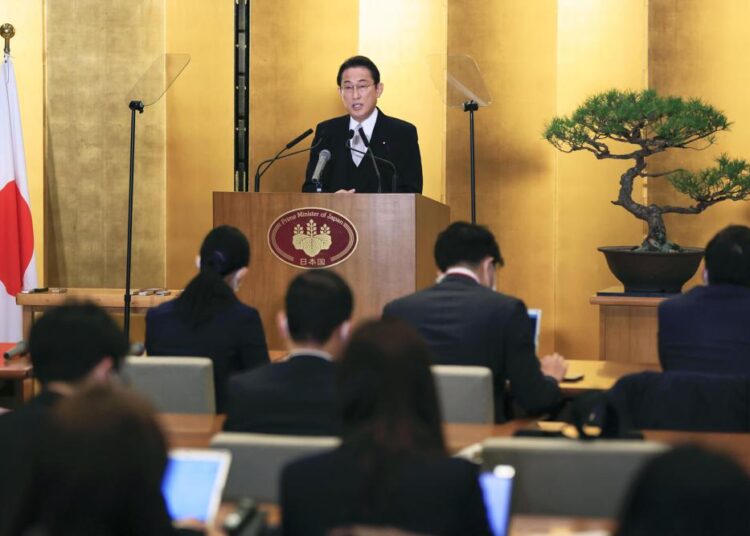 Japanese Prime Minister Fumio Kishida speaks at his New Year's press conference in Ise, central Japan Tuesday, Jan. 4, 2022.