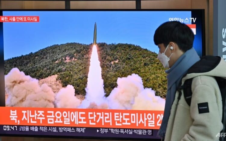 North Korea tested tactical guided missiles 1 - Egyptian Gazette A television screen in Seoul shows footage of a North Korean missile test.