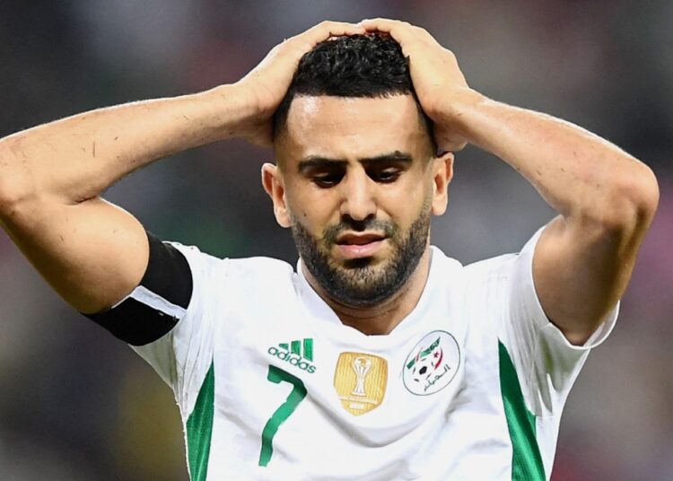 Algeria captain Riyad Mahrez reacts at the end of their AFCON Group E match in Douala against Equatorial Guinea.