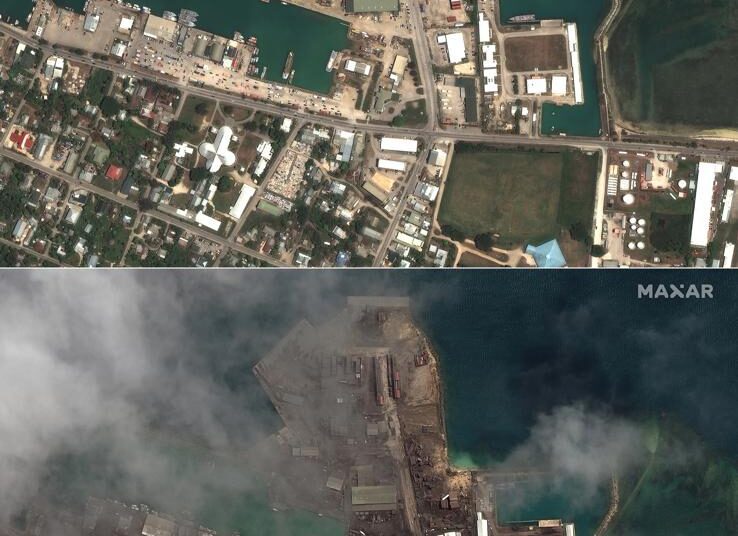 This combination of the satellite images showing the main port facilities in Nuku'alofa, Tonga on Dec. 29, 2021, above, and on Jan. 18, 2022.