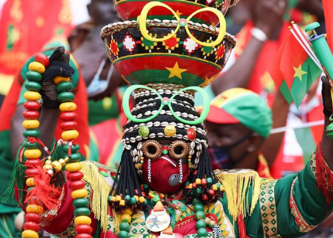 Burkina Faso supporters celebrate a goal during the African Cup of Nations 2021 group A match against Cameroon in Yaounde.