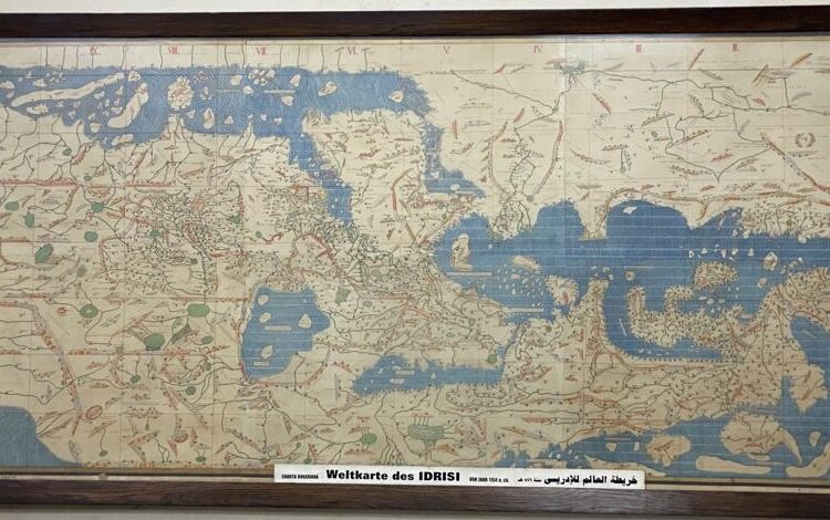 Map of Arab geographer Mohamed al-Idrisi (1100-1165) featuring the medieval world is on display at the Egyptian Geographic Society in downtown Cairo.