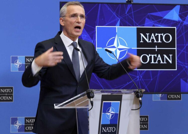 NATO Secretary General Jens Stoltenberg speaks during a media conference after an extraordinary meeting of NATO Ministers of Foreign Affairs via video link at NATO headquarters, in Brussels, on Jan. 7, 2022.