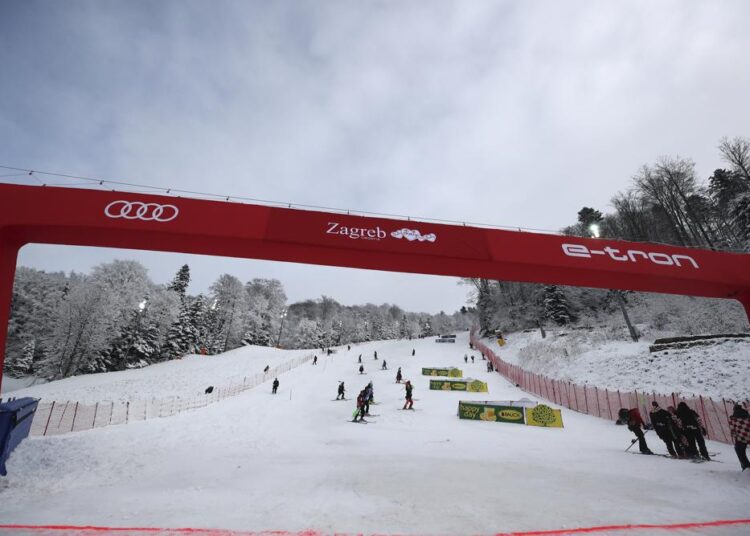A view of the finish area of an alpine ski, men's World Cup slalom, after it was again cancelled due to the snow conditions in Zagreb, Croatia, Thursday, Jan. 6, 2022.