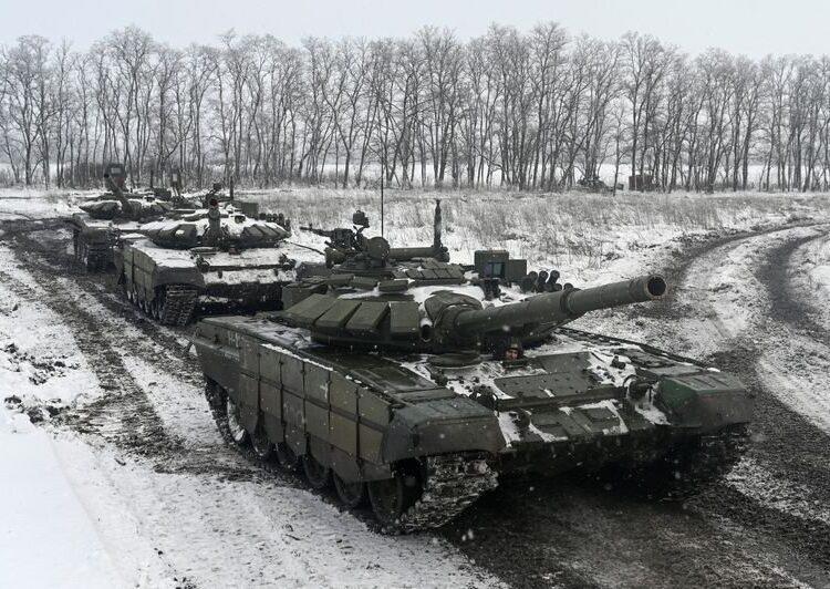 Russian T-72B3 main battle tanks driving drills held by armed forces of the Southern Military District at the Kadamovsky range in the Rostov region, Russia.