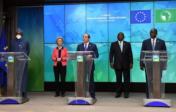 Egyptian President Sisi speaking in the press conference organized by the World Health Organization in Brussels to announce the African countries selected to receiving mRNA technology for vaccines.