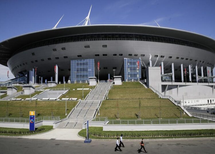 FILE - A view of the St. Petersburg Stadium prior to the Confederations Cup, Group A soccer match between Russia and New Zealand, Saturday, June 17, 2017. Russia has been stripped of hosting the Champions League final by UEFA with St. Petersburg replaced by Paris after Russia's invasion of Ukraine. The men's final will still be held on May 28 but now at the 80,000-seat Stade de France after the decision by UEFA's executive committee.