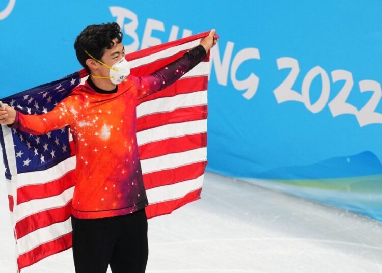 2022 Beijing Olympics - Figure Skating - Men Single Skating - Free Skating - Capital Indoor Stadium, Beijing, China - February 10, 2022. Gold medallist Nathan Chen celebrates. REUTERS/Aleksandra Szmigiel