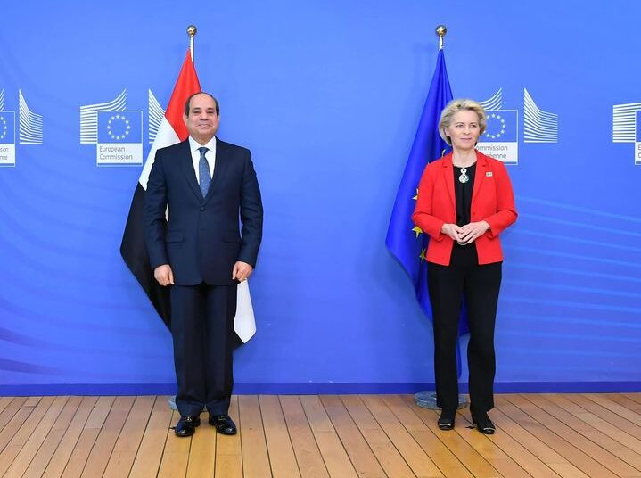 President Abdel Fattah El Sisi and President of the EU Commission Ursula von der Leyen at the venue of the Sixth European Union - African Union Summit, hosted by EU-AU Summit in the Belgian capital, Brussels.
