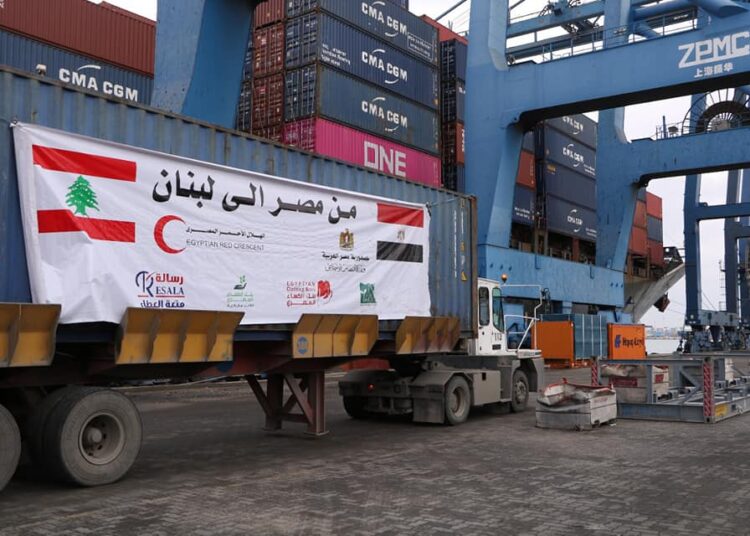 Egypt sends aid ship to Lebanon 1 - Egyptian Gazette An Egyptian aid ship has left Damietta port, heading to Lebanon as per directives from President Abdel Fattah El Sisi.