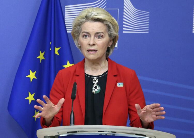 European Commission President Ursula von der Leyen speaks during a media statement with Czech Republic's Prime Minister Petr Fiala prior to a meeting in Brussels, Thursday. EU leaders are meeting in Brussels for an extraordinary meeting on the Ukraine and Russia situation, ahead of a meeting with African Union leaders.