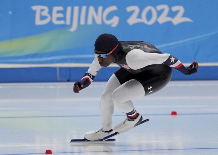 Erin Jackson of the United States competes in the speedskating women's 500-meter race at the 2022 Winter Olympics in Beijing.