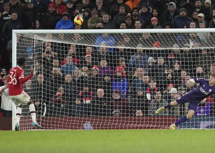 Man Utd knocked out of FA Cup by Middlesbrough 1 - Egyptian Gazette Manchester United's Anthony Elanga fails to score from the penalty spot during the English FA Cup fourth round match against Middlesbrough at Old Trafford stadium in Manchester.