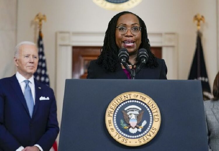 Biden nominates Jackson, first Black woman, to Supreme Court 1 - Egyptian Gazette Judge Ketanji Brown Jackson speaks after President Joe Biden announced Jackson as his nominee to the Supreme Court in the Cross Hall of the White House, on Feb. 25, 2022, in Washington. Vice President Kamala Harris listens as right.