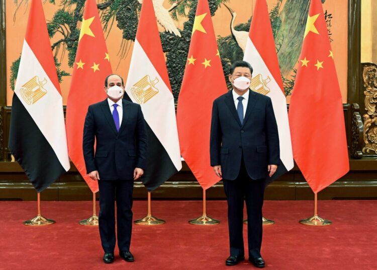 Chinese President Xi Jinping (R) meets with Egyptian President Abdel Fattah el-Sisi at the Great Hall of the People in Beijing, China, Saturday, Feb. 5, 2022.