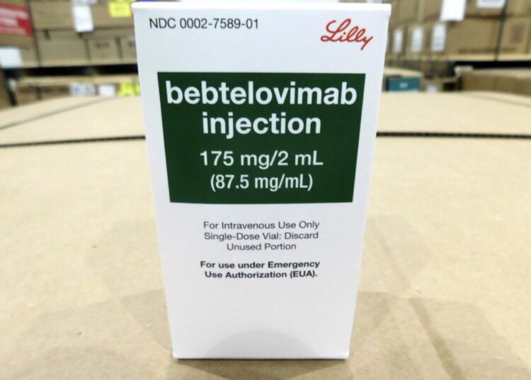 This image provided by Eli Lilly and Company shows the packaging for bebtelovimab. US health regulators on Feb 11, 2022, authorized the new antibody drug from Eli Lilly that specifically targets the omicron variant, a key step in restocking the nation's arsenal against the latest version of COVID-19.