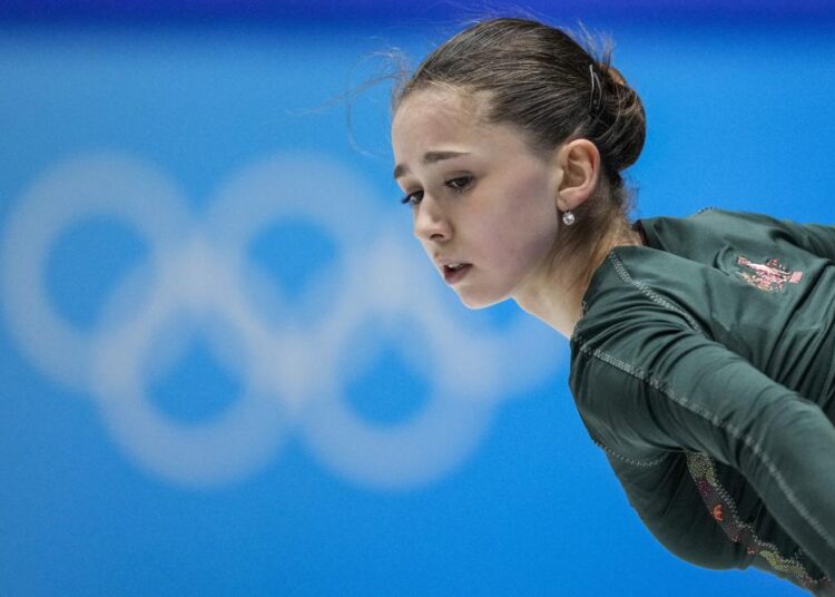 Kamila Valieva, of the Russian Olympic Committee, trains at the 2022 Winter Olympics, Monday, Feb. 14, 2022, in Beijing.