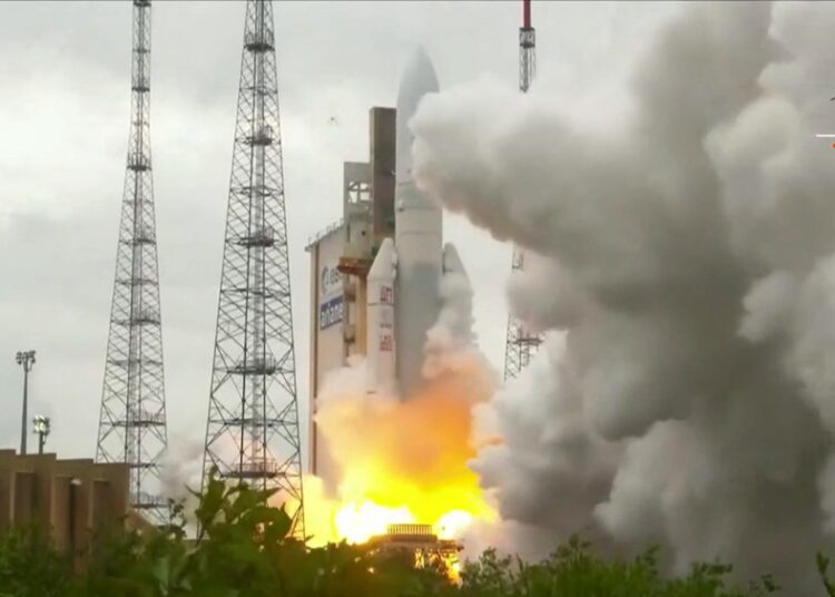 Arianespace's Ariane 5 rocket, with Nasa’s James Webb Space Telescope onboard, launches from Europe’s Spaceport, the Guiana Space Centre in Kourou, French Guiana December 25, 2021 in a still image from video.