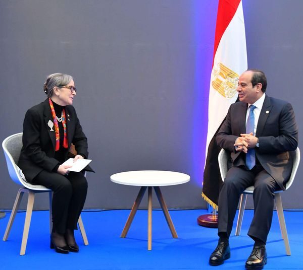 Egyptian President Abdel Fattah El Sisi during his meeting in France on Friday with Tunisian Prime Minister Najla Bouden.