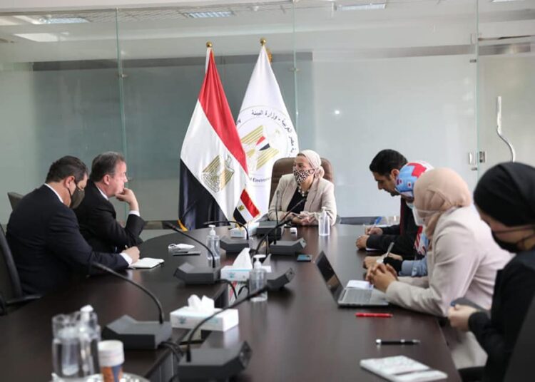 Egypt's Environment Minister Yasmine Fouad (C) met with Executive Director of the Green Climate Fund (GCF) Yannick Glemarec to review preparations for the UN Climate Change Conference 2022 (COP27).