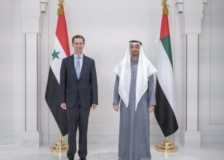 ABU DHABI, UNITED ARAB EMIRATES - March 18, 2022: HH Sheikh Mohamed bin Zayed Al Nahyan, Crown Prince of Abu Dhabi and Deputy Supreme Commander of the UAE Armed Forces (R), stands for a photograph with HE Bashar Al Assad, President of Syria (L) after a meeting, at Al Shati Palace.( Rashed Al Mansoori / Ministry of Presidential Affairs ) ---