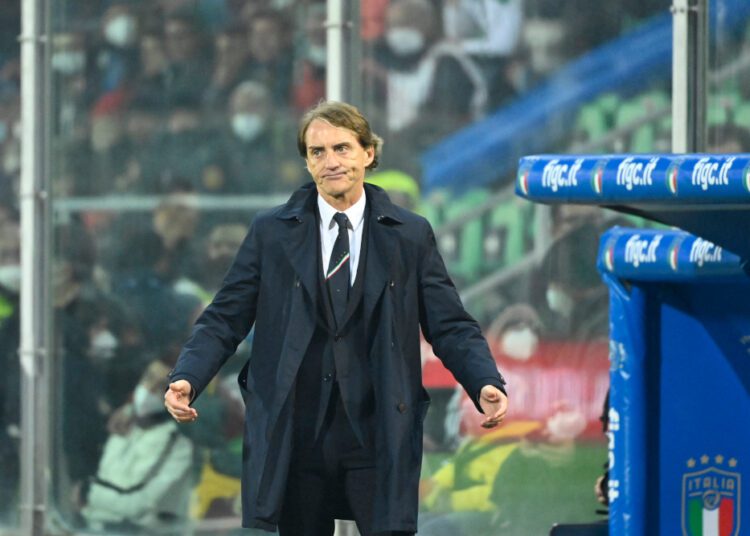 Italy’s coach Roberto Mancini reacts during the 2022 World Cup qualifying play-off match against North Macedonia, March 24, 2022 at the Renzo-Barbera stadium in Palermo.