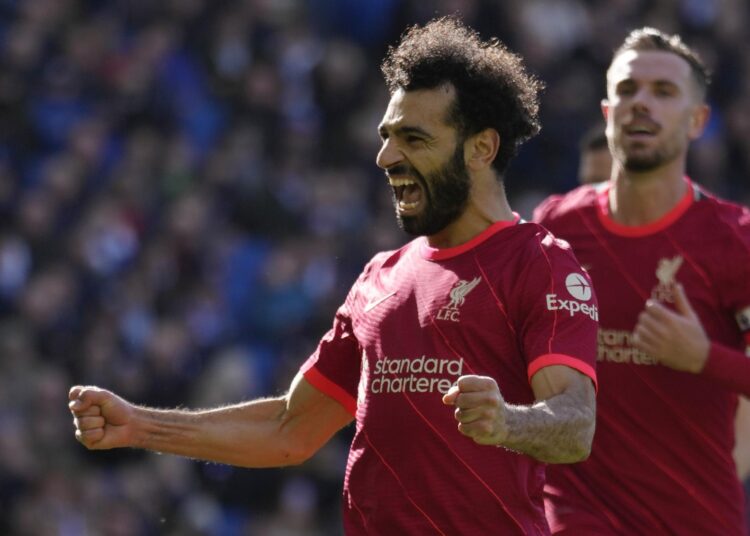 Salah and Diaz strikes help Liverpool to sink Brighton 1 - Egyptian Gazette Liverpool's Mohamed Salah celebrates scoring his side’s second goal against Brighton at the American Express Community Stadium, in Brighton.