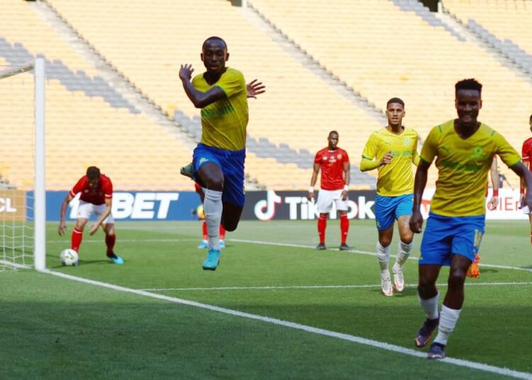 Mamelodi Sundowns players celebrating after scoring against Al-Ahly of Egypt in a Group A fixture in Johannesburg.